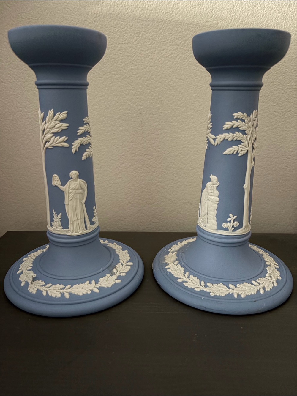 Two vintage light blue Wedgwood Jasperware candleholders